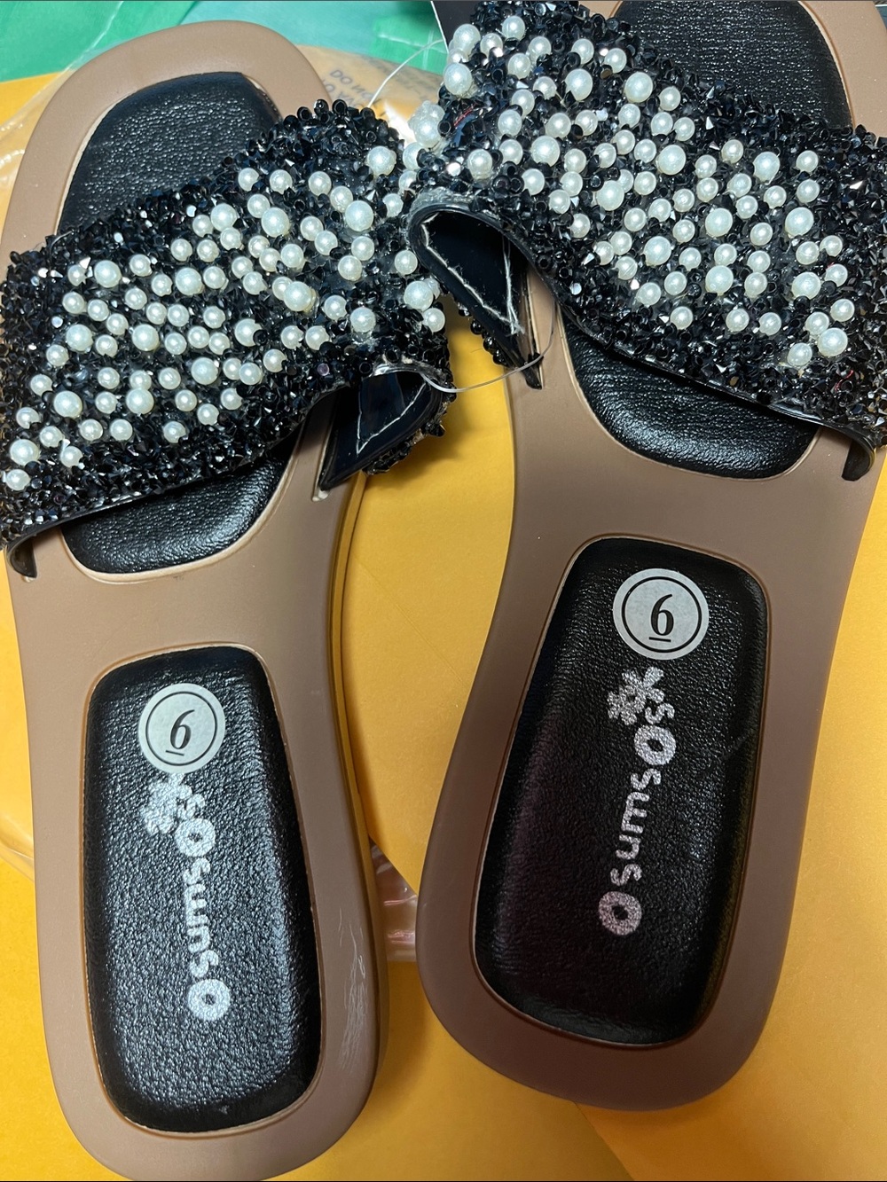 Pearl-Embellished Black Slide Mules